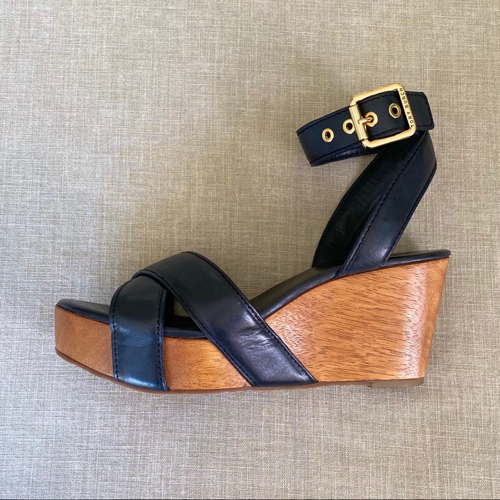 Authentic Black Tory Burch Wedges with Dust Bag